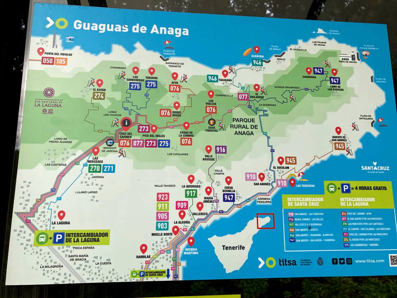 Übersichts-Karte der Busverbindungen im Anaga-Gebirge.