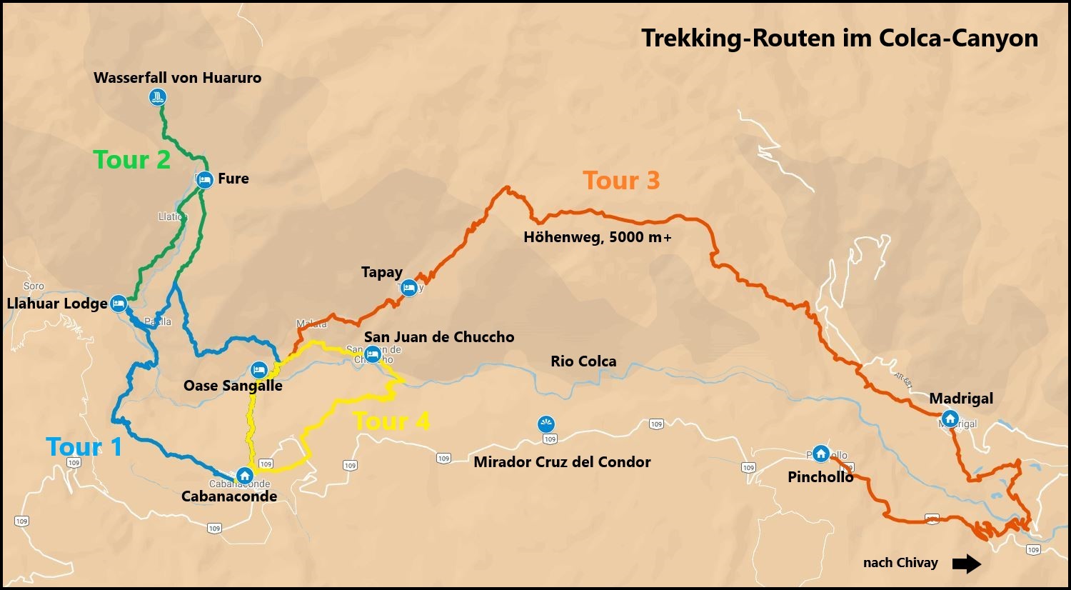Karte mit Trekkingrouten zum Wandern im Colca Canyon.