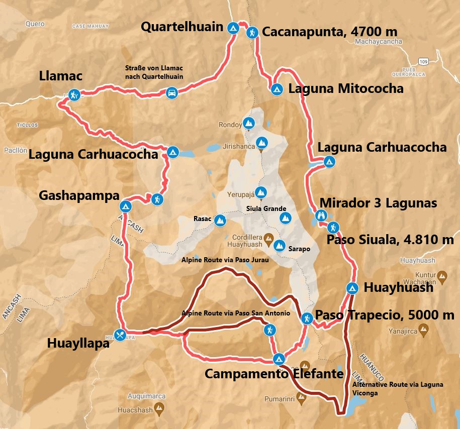 Huayhuash Circuit Karte der Route in 8 Tagen