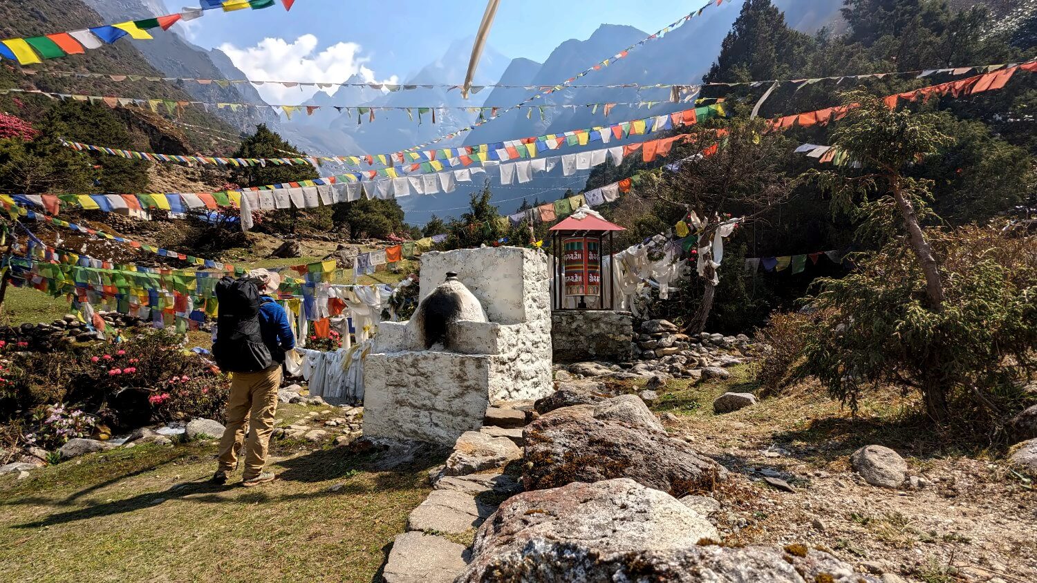 Gebetsfahnen und Berge des Himalaya im Hintergrund.