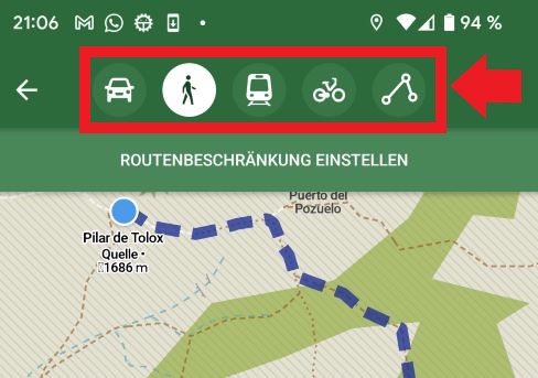 Verschiedene Routen-Arten in der Navi-App.