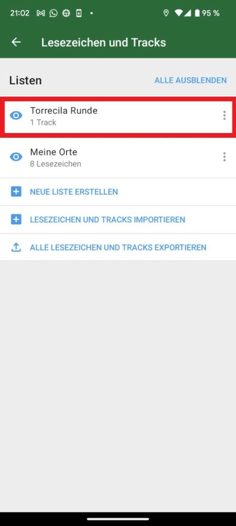 Anzeige des Tracks in der Liste der Lesezeichen. 