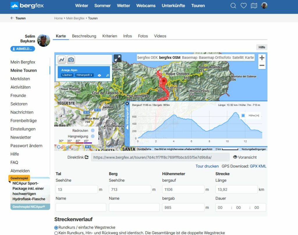 Importierte GPX-Dateim Tourenplaner von Bergfex öffnen.