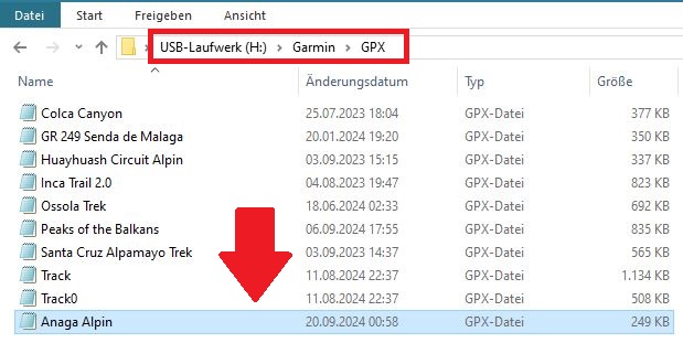 GPX-Datein Ordner Garmin in GPS-Gerät kopieren.