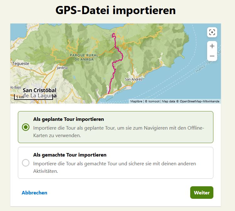 Importierte GPX-Datei bei Komoot im Planer öffnen.