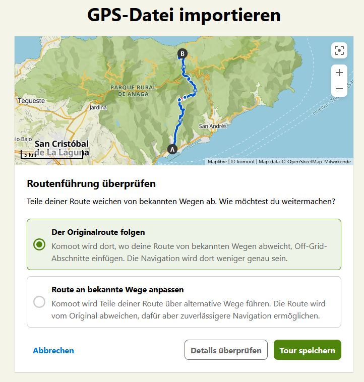 Wegeführung des GPS-Tracks bei Komoot einstellen.