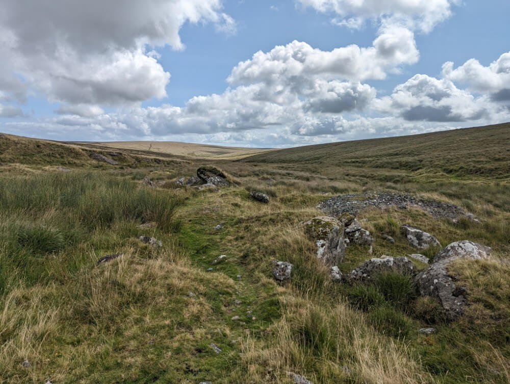 Landschaft des Dartmoor mit Hügeln und Felsen.