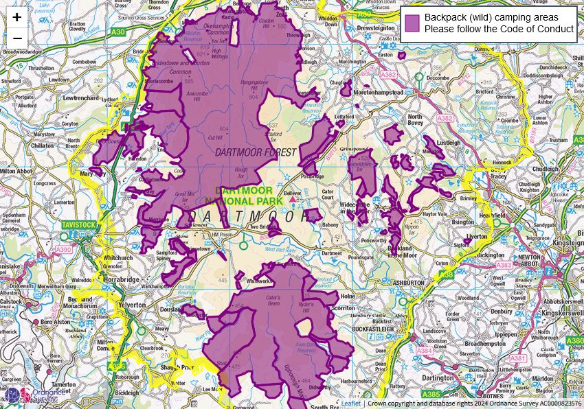 Karte der erlaubten Campinggebiete im Dartmor.