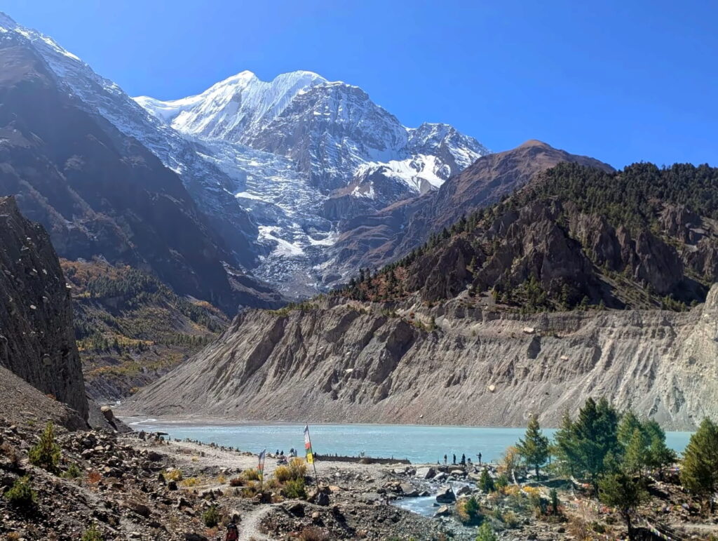 View across Gangapurna Lake with glaciers.