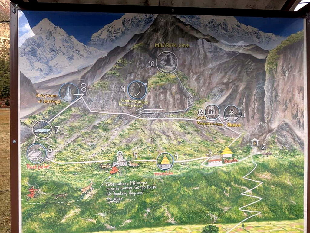Signboard with map of Milarepa Cave.