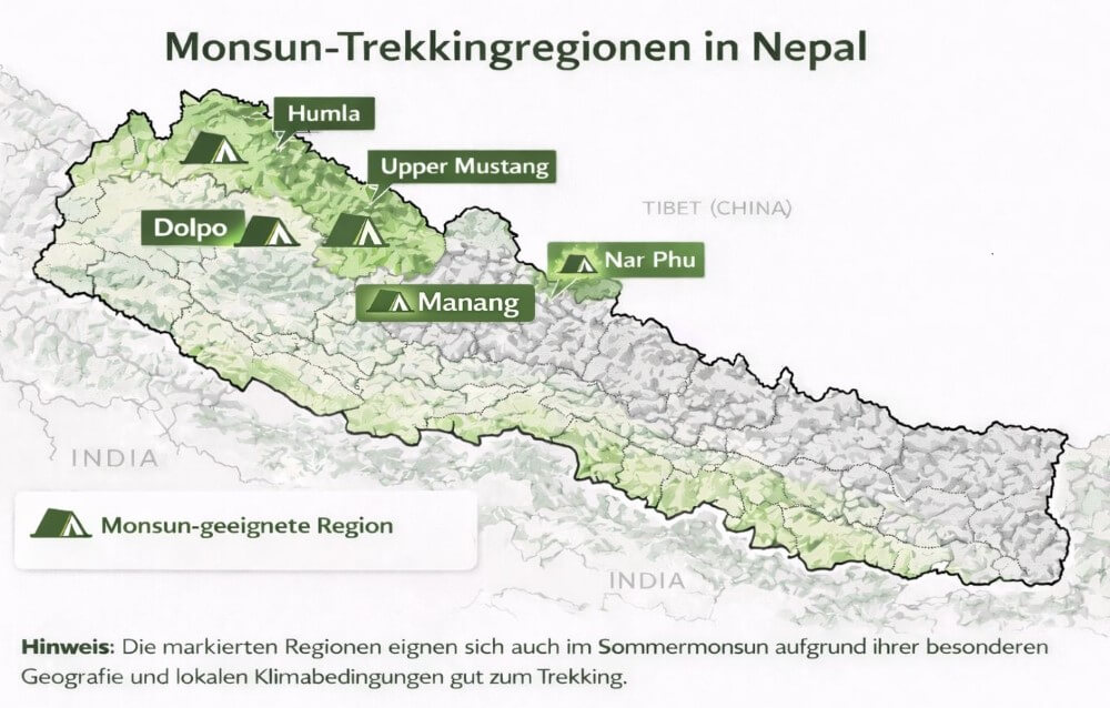 Karte der Monsun-Trekking-Regionen in Nepal.
