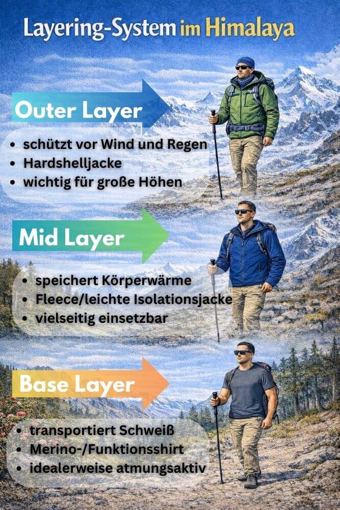 Infografik Layering System der Bekleidung für Packliste.