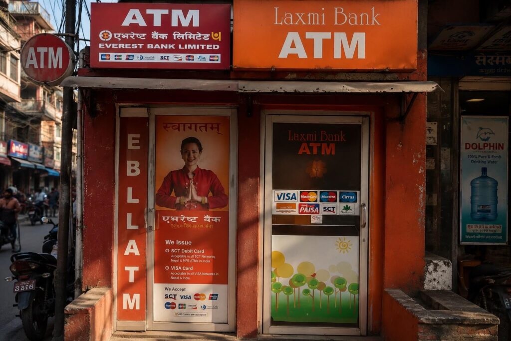 Aufnahme einer Straße in Nepal mit einem ATM.