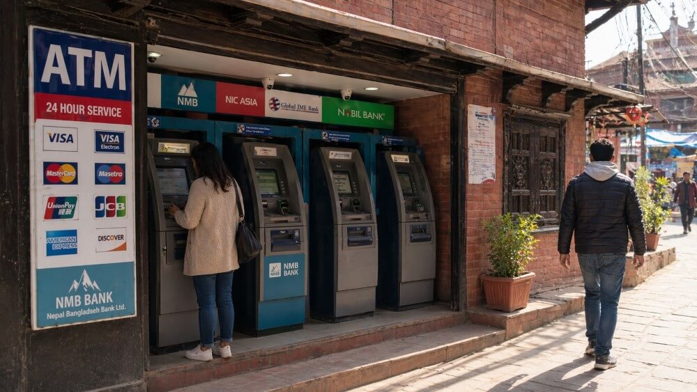 Bankautomaten in einer Straßenzahle in Kathmandu.