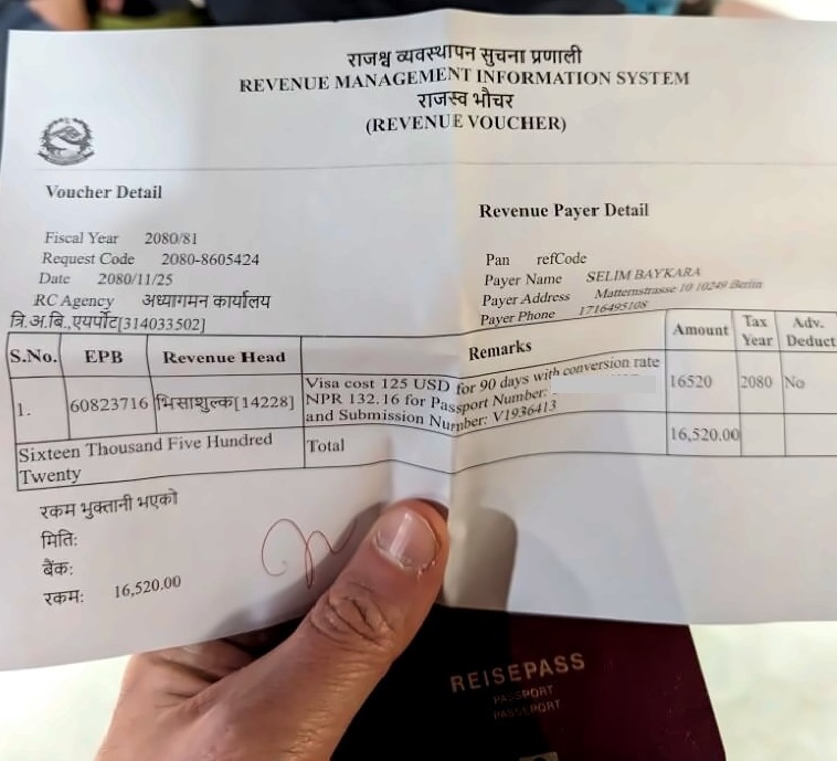Zahlungsbestätigung für das Visa.