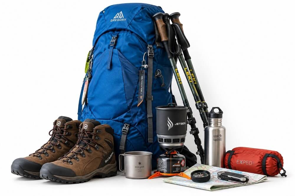 Trekkingrucksack und typische Outdoor-Ausrüstung